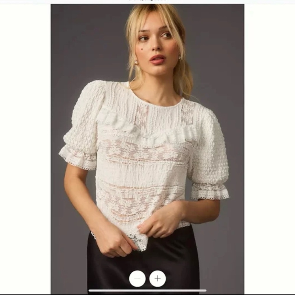 Anthropologie Lace Puff Sleeve Crop Top – Large, Sheer Ruffle, Stretchy, Unlined